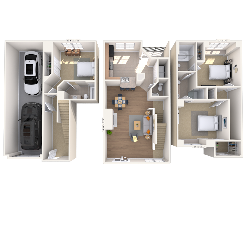 Floor plan for 3 beds, 3.5 baths, 1545 sqft